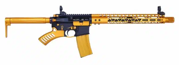 Gold and black tactical airsoft rifle with AR-15 style, extended barrel, and accessory rail.