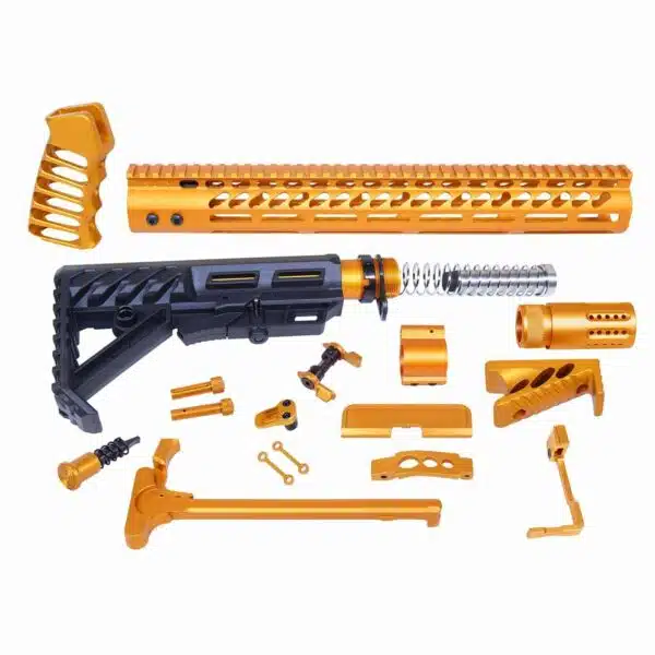 Gold and black AR-15 kit with anodized aluminum parts and black polymer components.