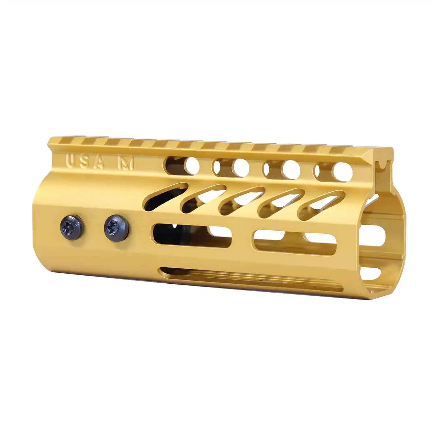 Anodized gold 5-inch M-LOK free floating handguard with monolithic top rail and USA M stamp