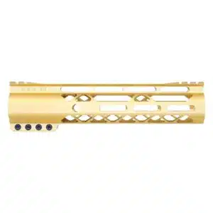 Gold anodized 9 inch M-LOK free floating handguard with monolithic top rail and skeletonized body.