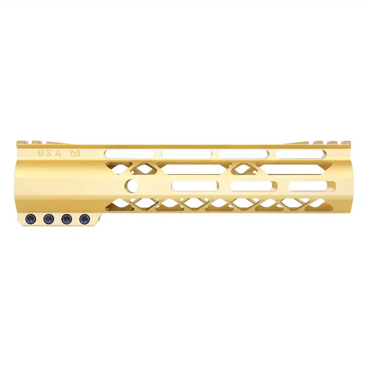 Gold anodized 9 inch M-LOK free floating handguard with monolithic top rail and skeletonized body.