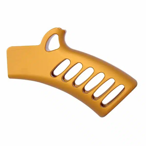 Gold anodized ergonomic AR-15 pistol grip with oval cutouts for lightweight customization.