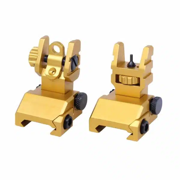 Gold anodized flip-up rifle sights, Picatinny rail mount, durable, rapid deployment, precision targeting.