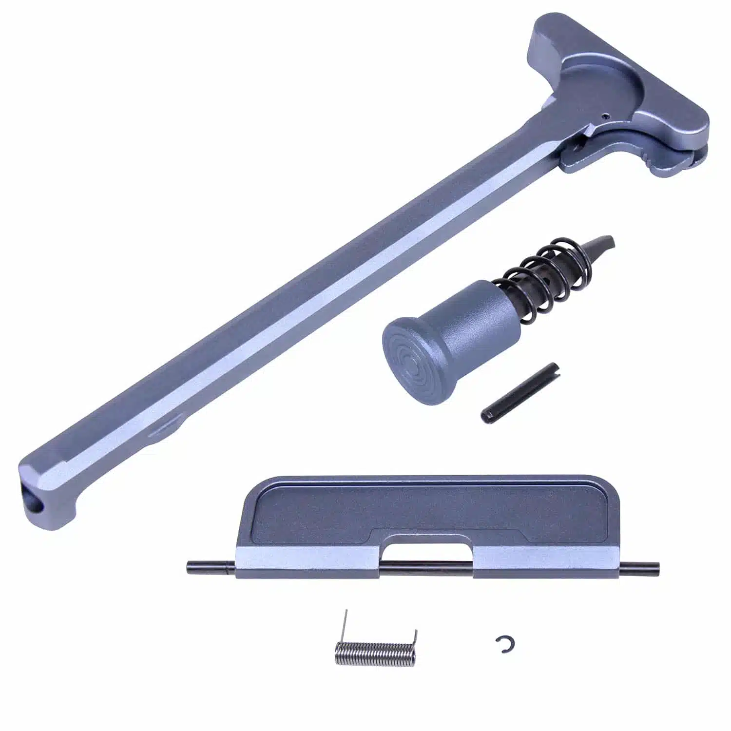 Anodized Grey AR-15 upper receiver assembly kit with charging handle, forward assist, and hardware.