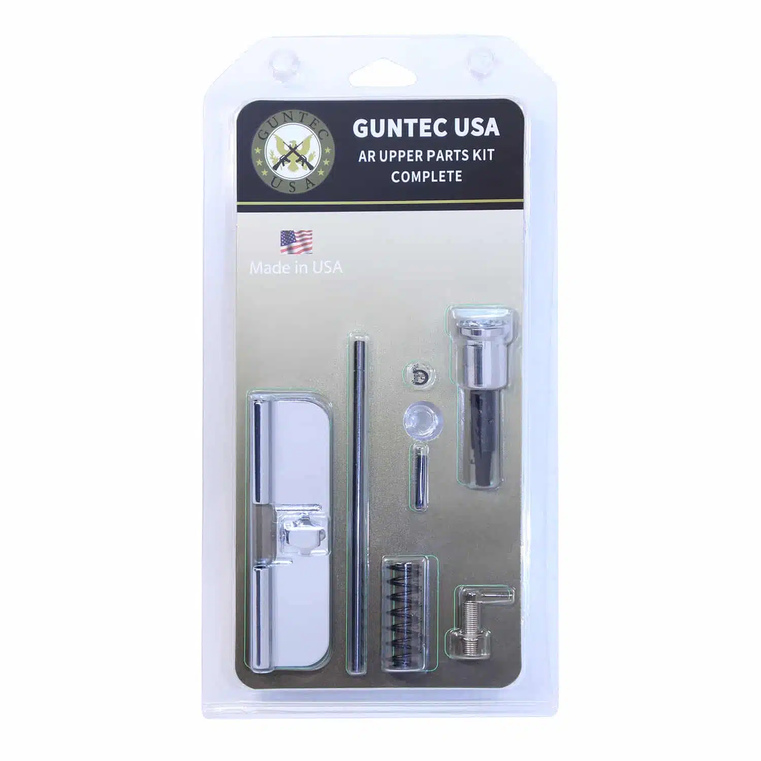 GUNTEC USA AR Upper Parts Kit Complete with chrome finish components in retail packaging.