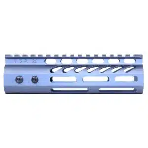 Blue M-LOK free-float handguard with monolithic top rail and USA M markings