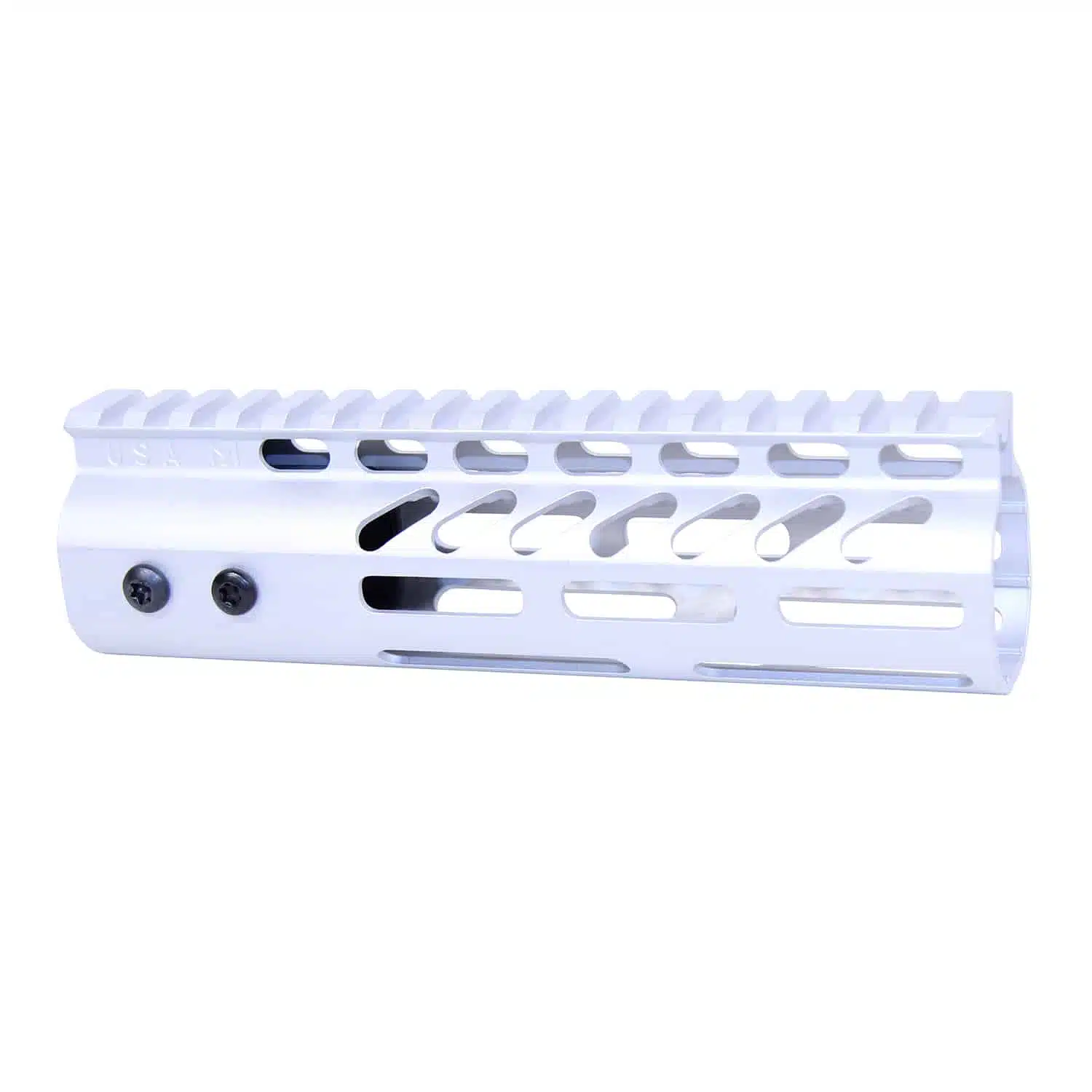 White 7-inch M-LOK free floating handguard with monolithic top rail and ventilation cutouts