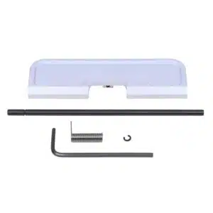 AR-15 Gen 3 Ejection Port Dust Cover Assembly in raw unfinished aluminum with rod, spring, and clip