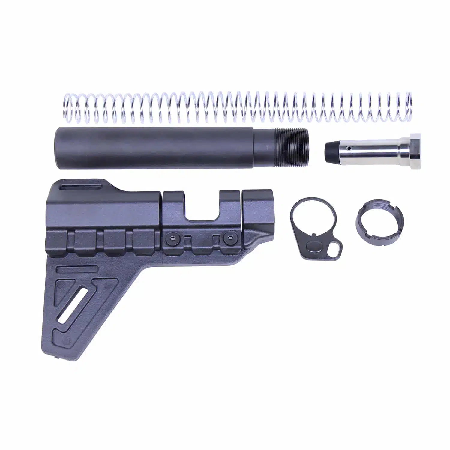 AR .308 Cal Micro Breach Pistol Brace Kit components laid out: black polymer brace, buffer tube, spring, castle nut, and end plate.