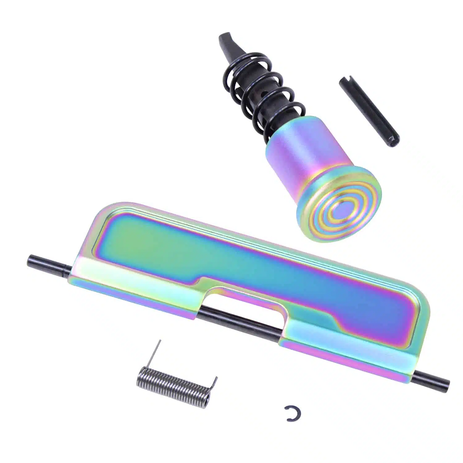 Matte Rainbow PVD Coated Gen 3 Aluminum Dust Cover kit with forward assist, spring, and pin
