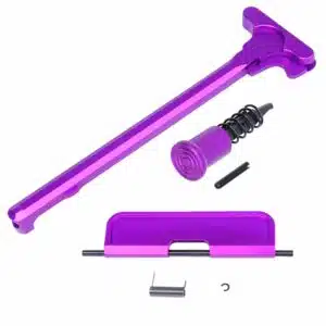 AR-15 upper receiver assembly kit with anodized purple finish, including charging handle and forward assist components.