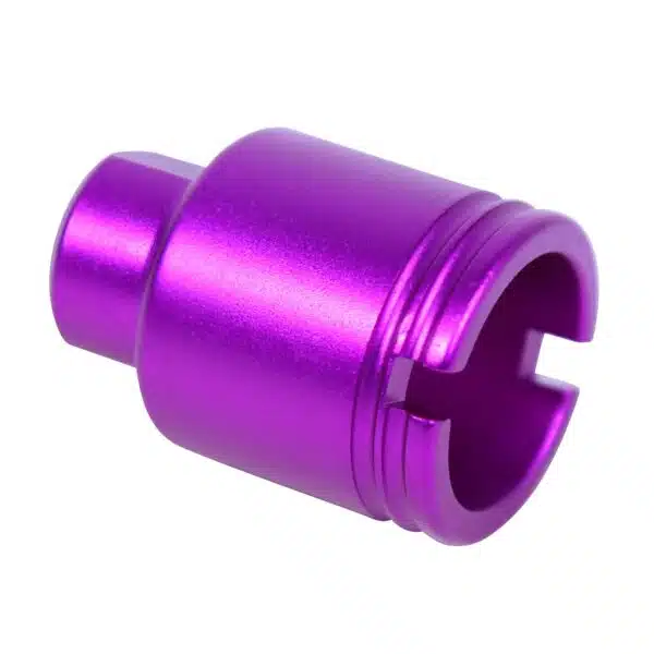 Anodized purple AR-15 flash can with precision grooves for enhanced aesthetics and durability.