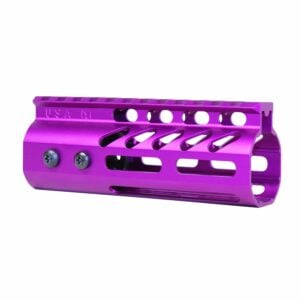 Anodized purple 5-inch M-LOK free floating handguard with monolithic top rail and USA M stamp