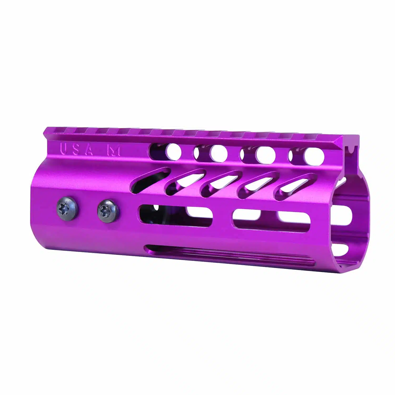 Anodized purple 5-inch M-LOK free floating handguard with monolithic top rail and USA M stamp