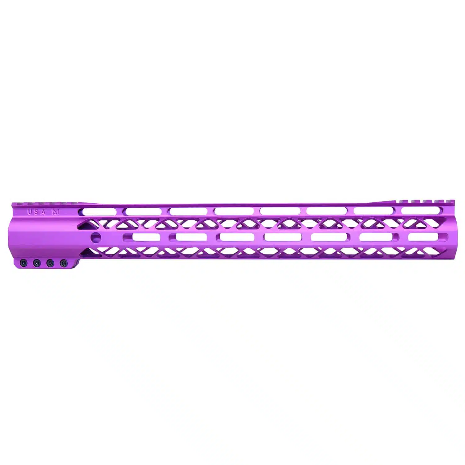 15-inch AIR-LOK Series M-LOK handguard in anodized purple with monolithic top rail and skeletonized cutouts