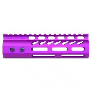 Anodized purple 6.75 inch M-LOK handguard with monolithic top rail and visible mounting screws.