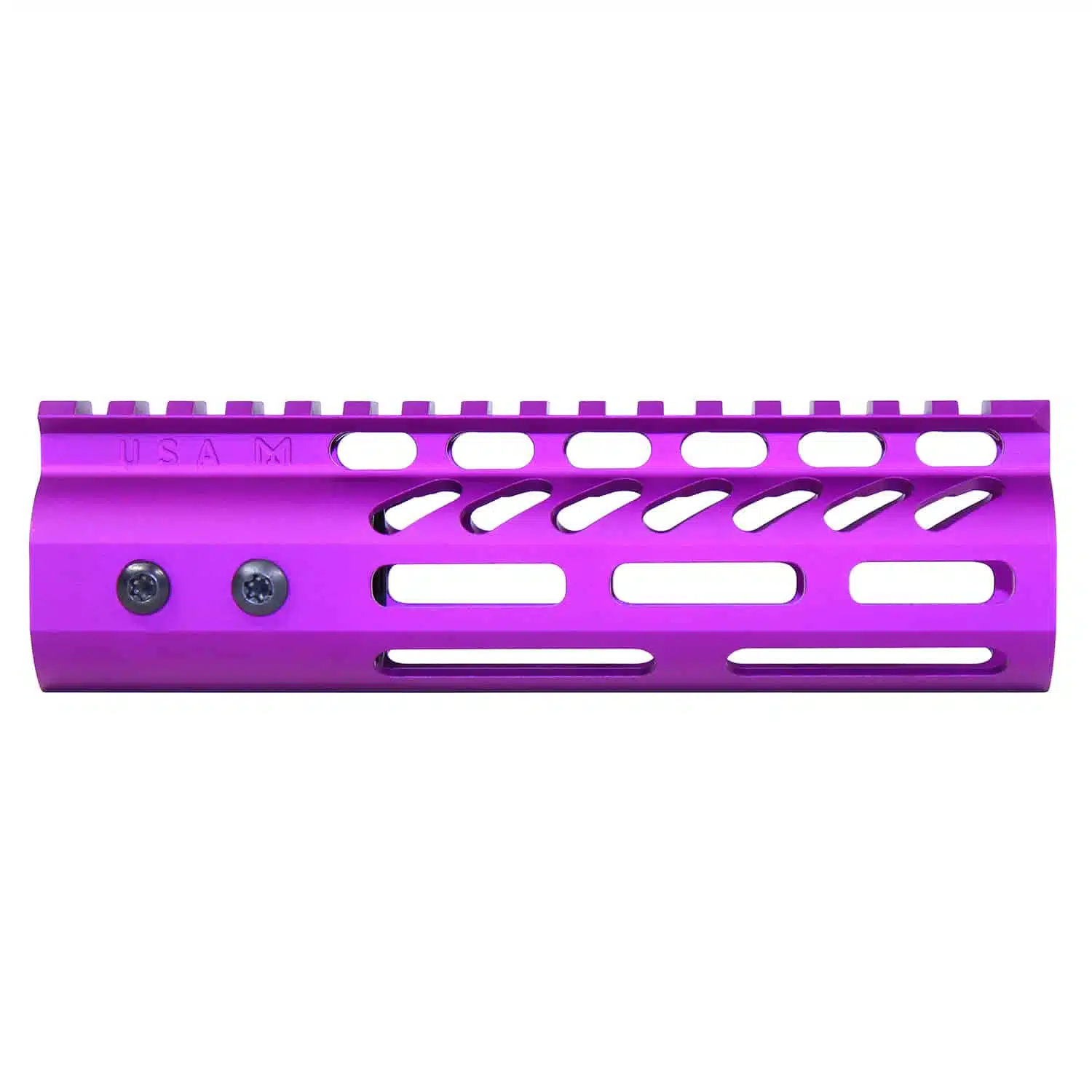Anodized purple 6.75 inch M-LOK handguard with monolithic top rail and visible mounting screws.
