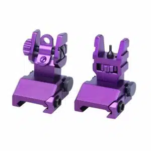 Rapid Acquisition Precision Sights (R.A.P.S) in anodized purple finish, showing front and rear flip-up sights with adjustment knobs.