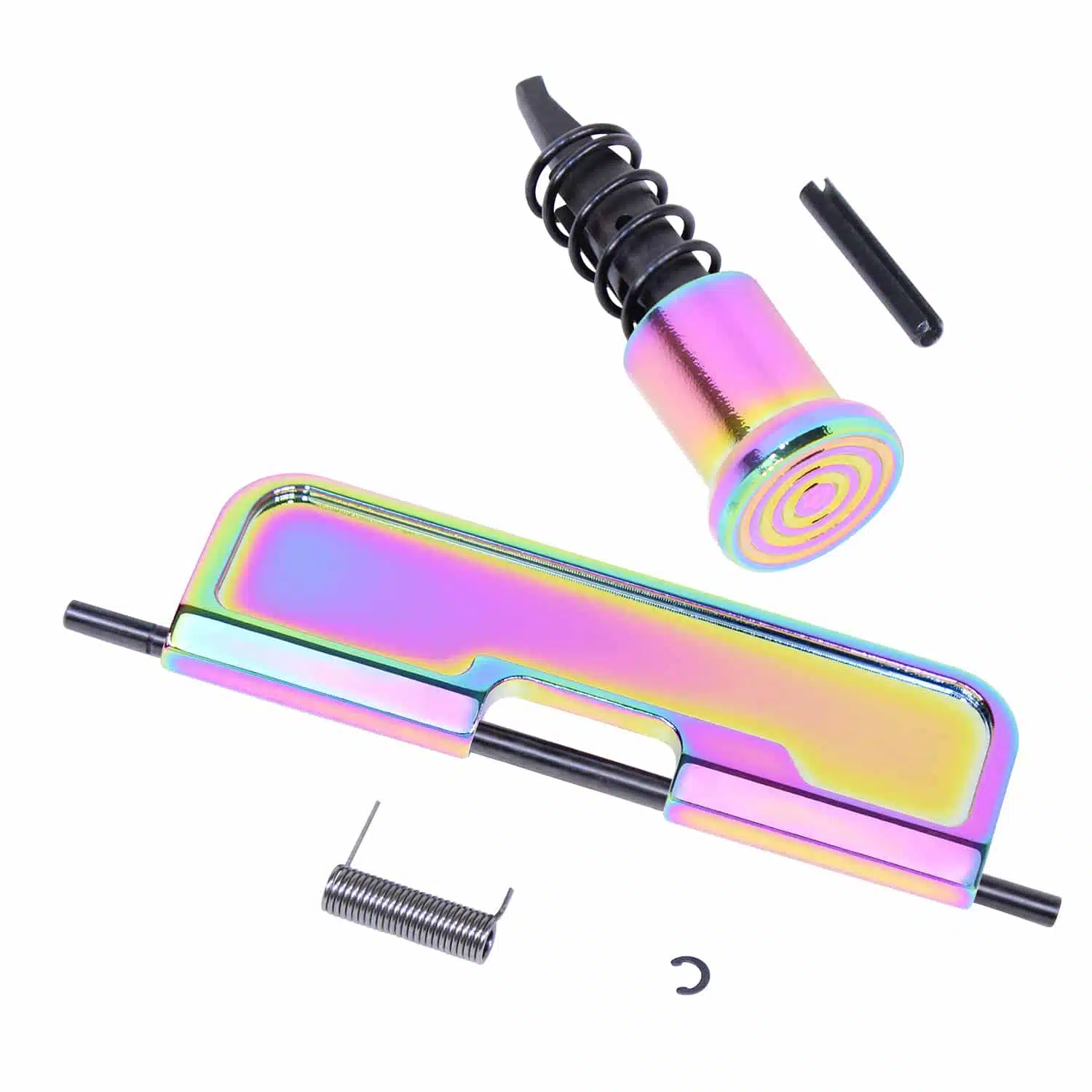 AR-15 upper completion kit with gloss rainbow PVD coated dust cover, forward assist, spring, and pin