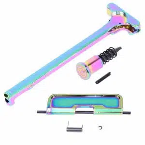 AR-15 upper receiver assembly kit with 5.56 charging handle and forward assist in rainbow PVD finish.