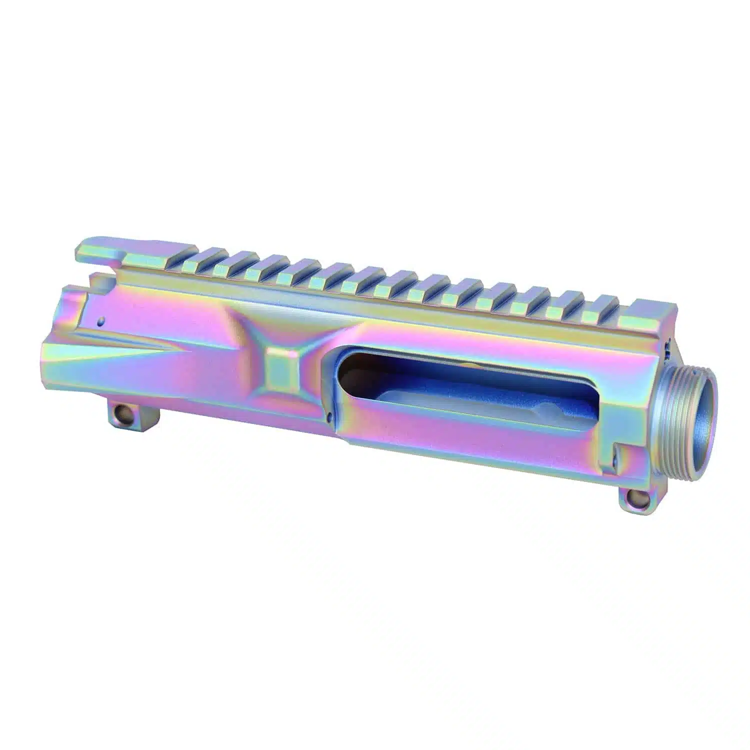 AR-15 stripped billet upper receiver with matte rainbow PVD finish and flat top Picatinny rail