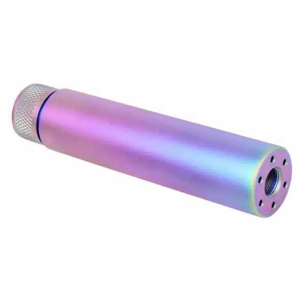 Iridescent AR-15 mock suppressor with holographic purple-blue finish and precision-engineered design.