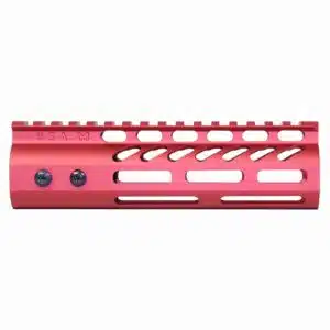 Anodized red 6.75 inch M-LOK free floating handguard with monolithic top rail and USA M markings.