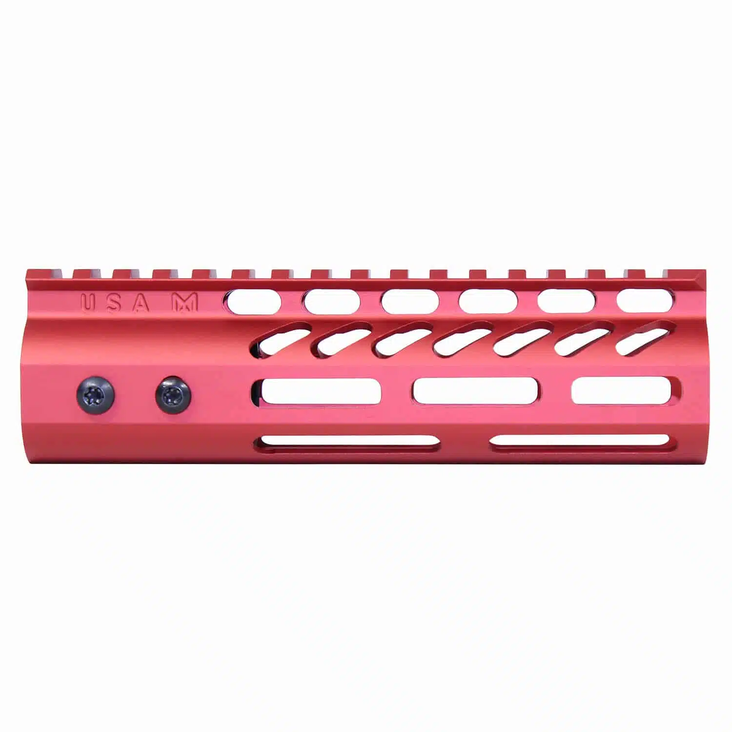 Anodized red 6.75 inch M-LOK free floating handguard with monolithic top rail and USA M markings.