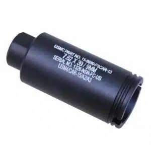 Black anodized 9mm cone flash can with laser engraved military markings on solid T6 aluminum body