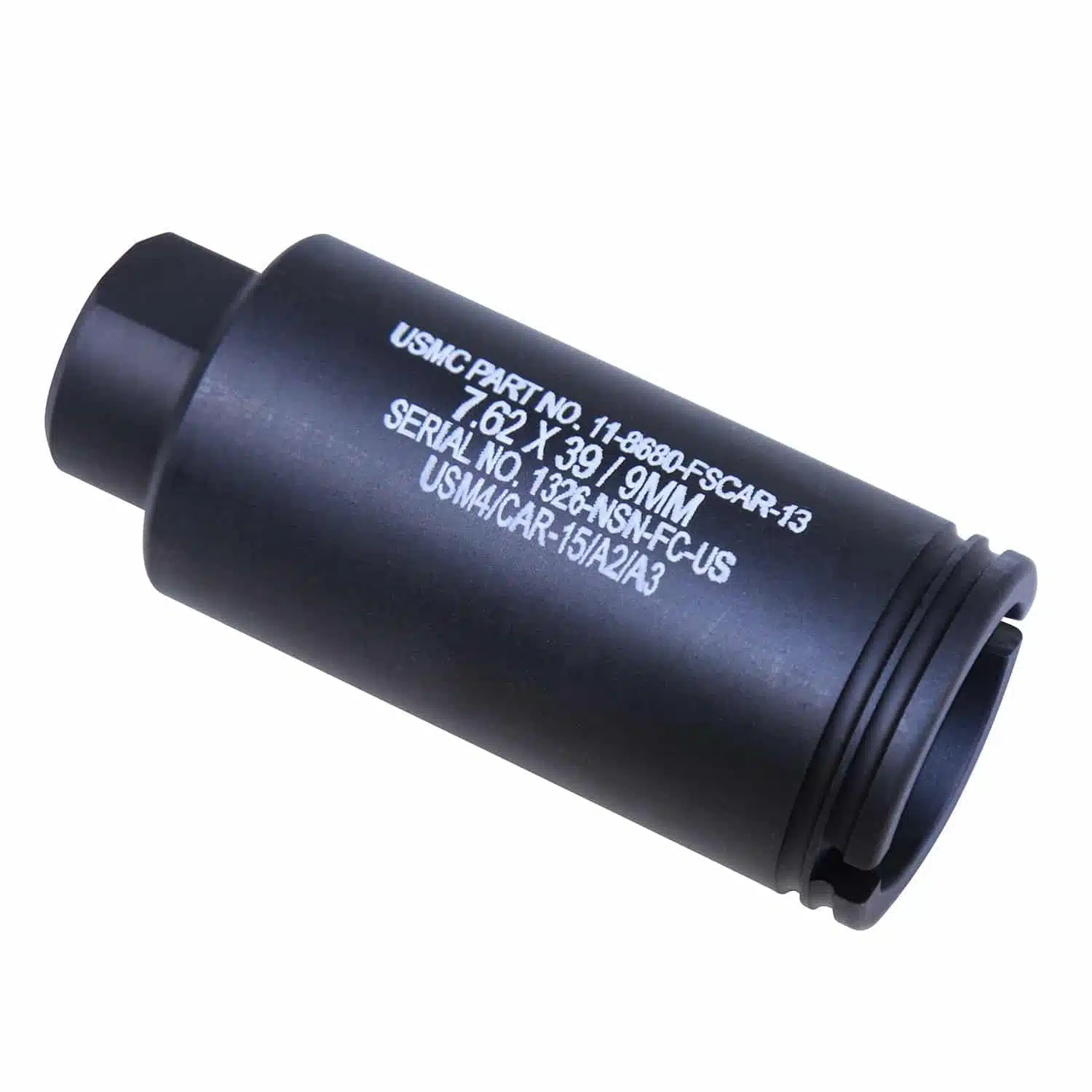 Black anodized 9mm cone flash can with laser engraved military markings on solid T6 aluminum body
