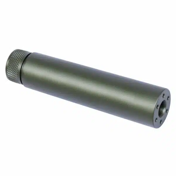 Olive-green tactical suppressor for AR-15, military-grade design with noise-reduction ports.