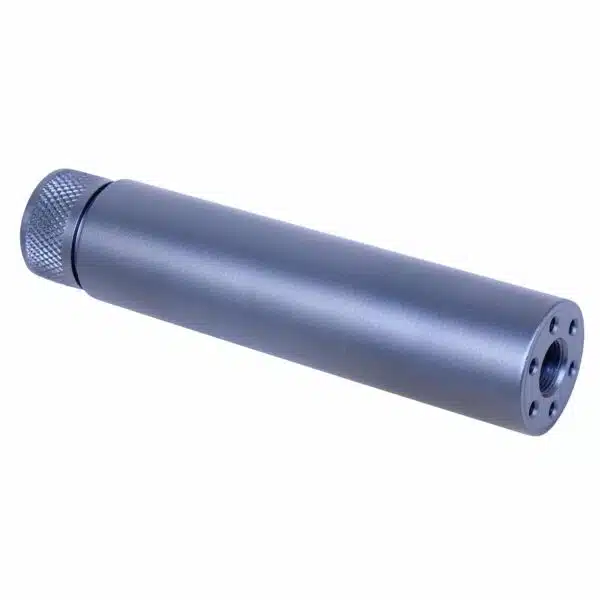 Metallic sound moderator with textured grip and perforated end for acoustic functions.