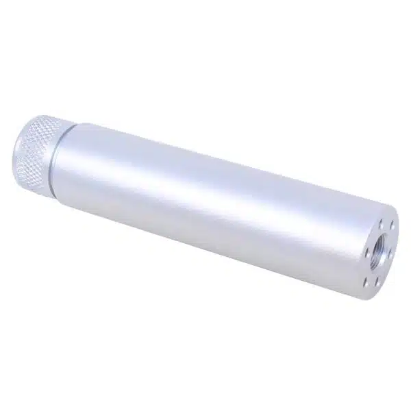 Compact metallic firearm suppressor with knurled cap, precision-machined for noise reduction.