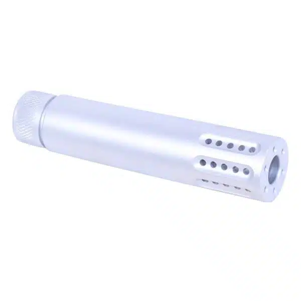 Sleek silver firearm suppressor with multi-port design for sound reduction and muzzle flash control.