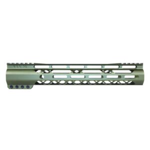 Olive tactical rifle handguard with lightweight design, Picatinny rails, for accessory mounting.