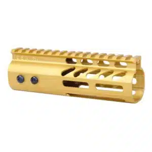 Anodized gold 6-inch M-LOK handguard with monolithic top rail and visible barrel nut screws.