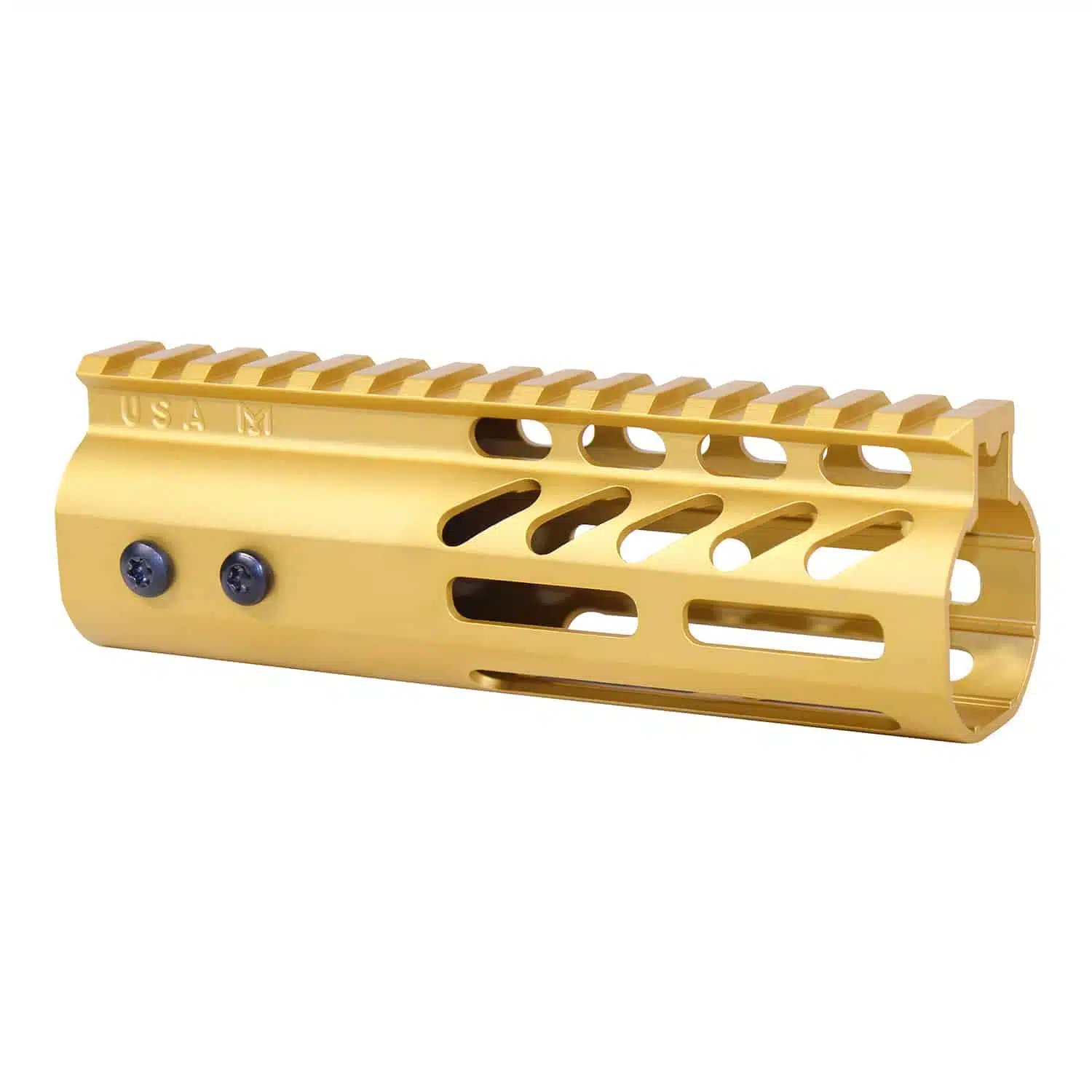 Anodized gold 6-inch M-LOK handguard with monolithic top rail and visible barrel nut screws.