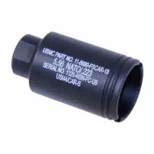 AR-15 Micro Slim Flash Can in anodized black with laser engraved USMC markings