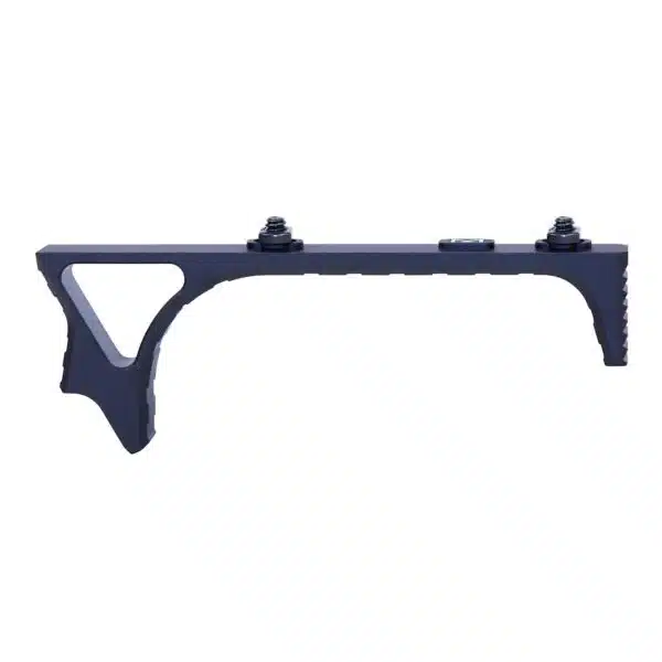 Matte black angled foregrip for firearms, ergonomic design, textured grip, compatible with Picatinny rails.