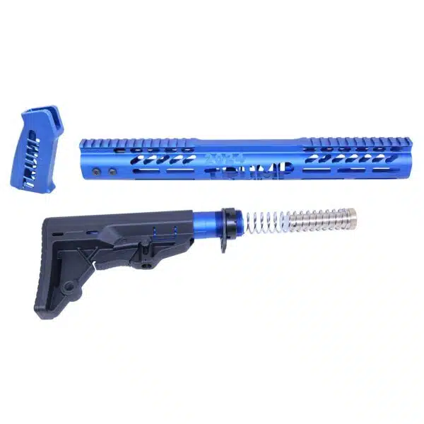 Custom blue AR-15 parts: handguard, buttstock, grip; enhance function and style.