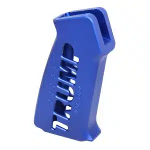 Bright blue ergonomic AR-15 pistol grip with finger grooves and cutouts for customization.