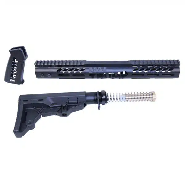 Black AR-15 parts set with tactical handguard, adjustable buttstock, and pistol grip on white background.