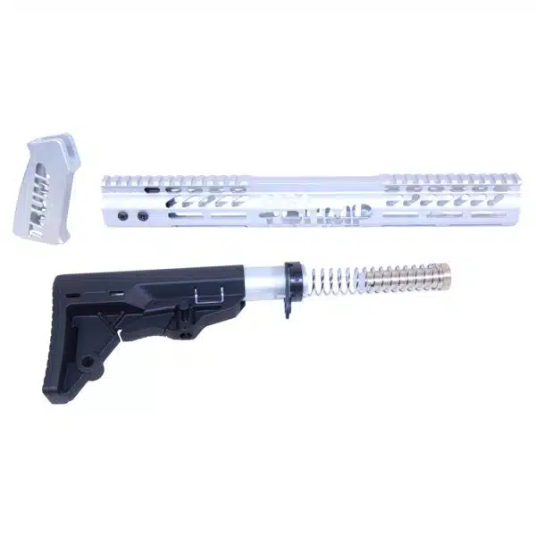 Disassembled AR-15 components: silver upper assembly, black stock, barrel for customization or assembly.
