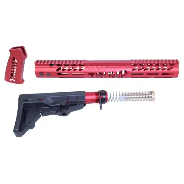 Red and black AR-15 custom parts set, including handguard, buffer tube, buttstock, and pistol grip.