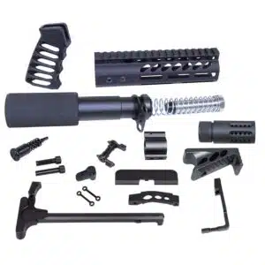 AR-15 Ultimate Pistol Kit components in anodized black finish, including handguard, grip, and buffer tube set