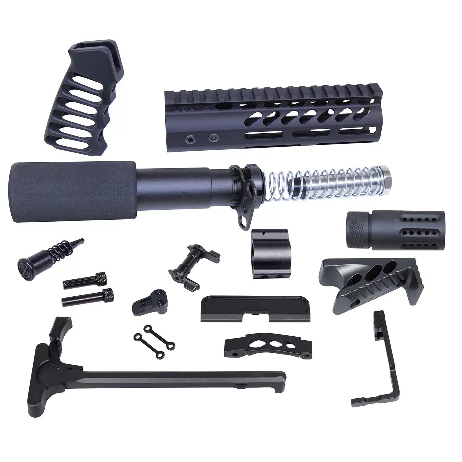 AR-15 Ultimate Pistol Kit components in anodized black finish, including handguard, grip, and buffer tube set