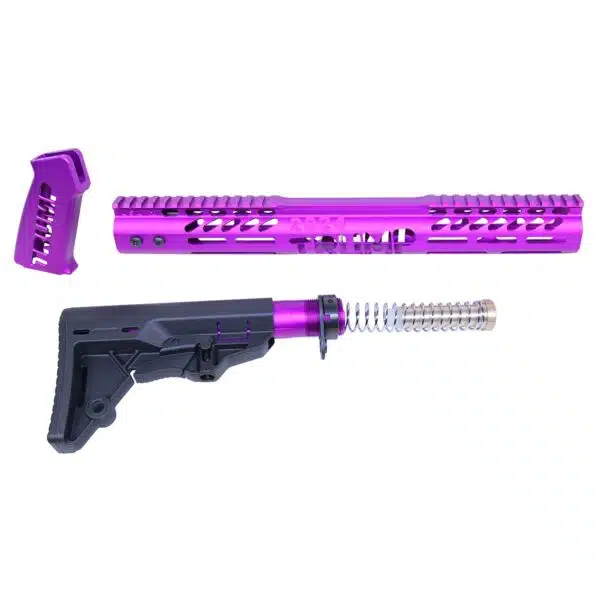 Anodized purple AR-15 accessories set displayed on a white background.