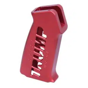 Red ergonomic AR-15 pistol grip with finger grooves and glossy finish for customization.