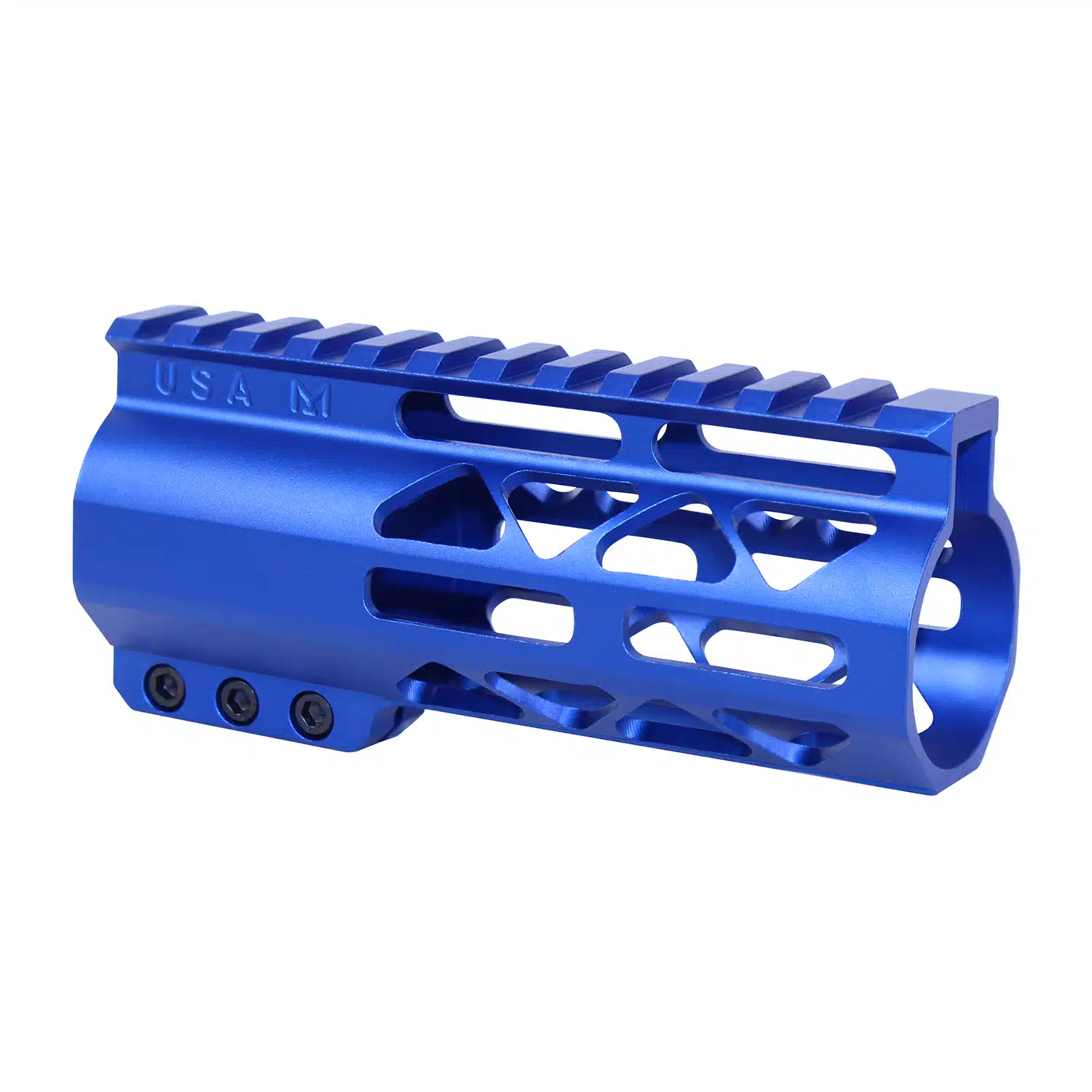 Anodized blue 5-inch AIR-LOK M-LOK handguard with monolithic top rail and skeletonized body