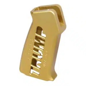 Gold anodized AR-15 pistol grip with ergonomic design and TIMBER branding for lightweight customization.